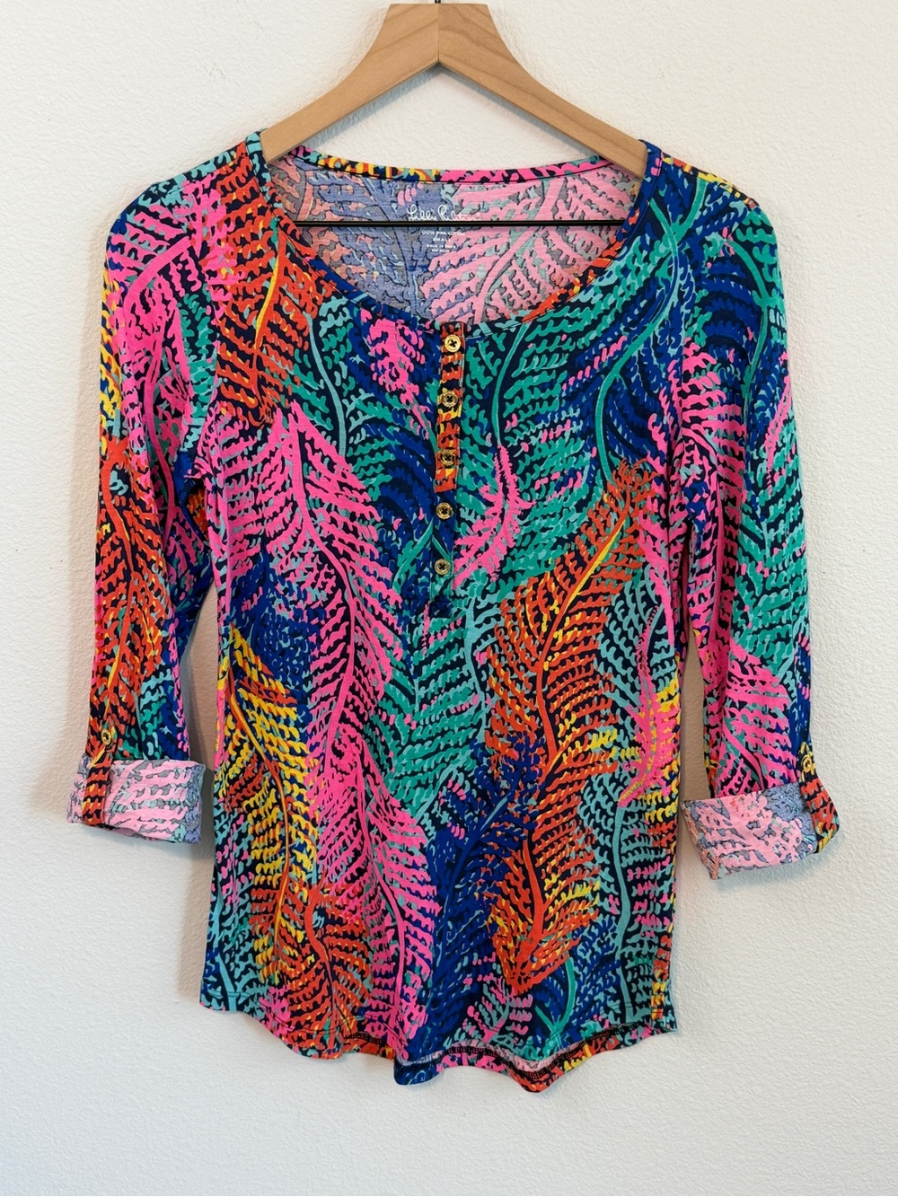 Lilly Pulitzer Multicolor Leaf-Print Henley in Pink, Teal, Navy & Orange